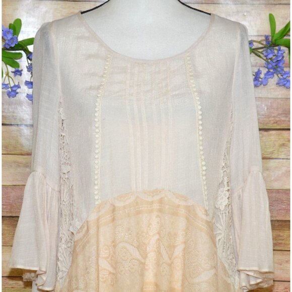 Ryu Ladies S Cream Lace Trim Blouse 3/4 Bell Sleeves Tunic Boho Fairy Cottage - Picture 2 of 13